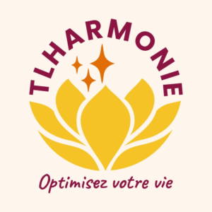 Logo de TLHARMONIE un lotus jaune surmonté de 3 étoiles orange et du titre TLHARMONIE Le slogan "Optimisez votre vie" en dessous