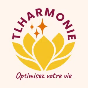 Logo de TLHARMONIE un lotus jaune surmonté de 3 étoiles orange et du titre TLHARMONIE Le slogan "Optimisez votre vie" en dessous